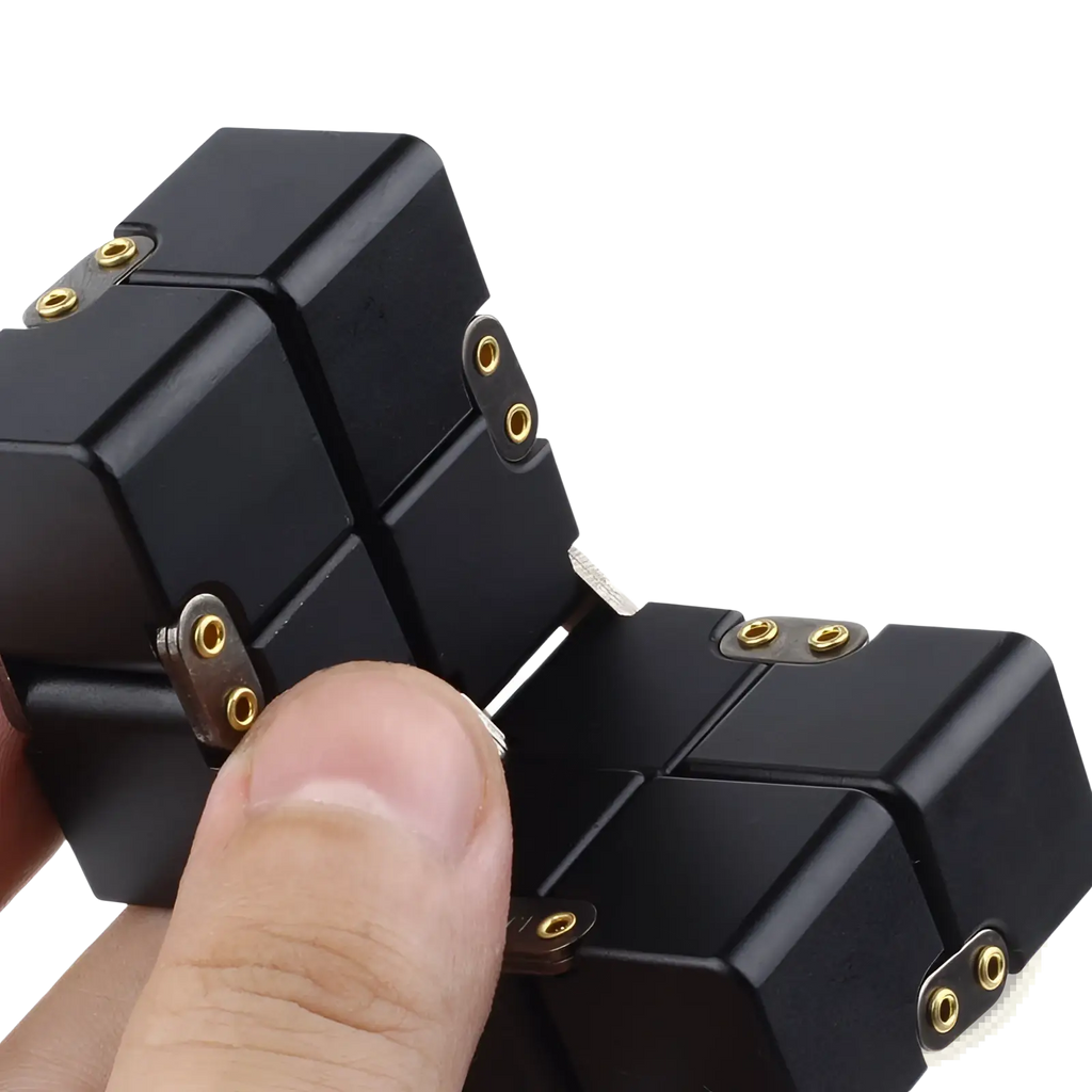 Black infinity cube fidget toy with gold metal hinges made of zinc alloy for stress relief and focus enhancement