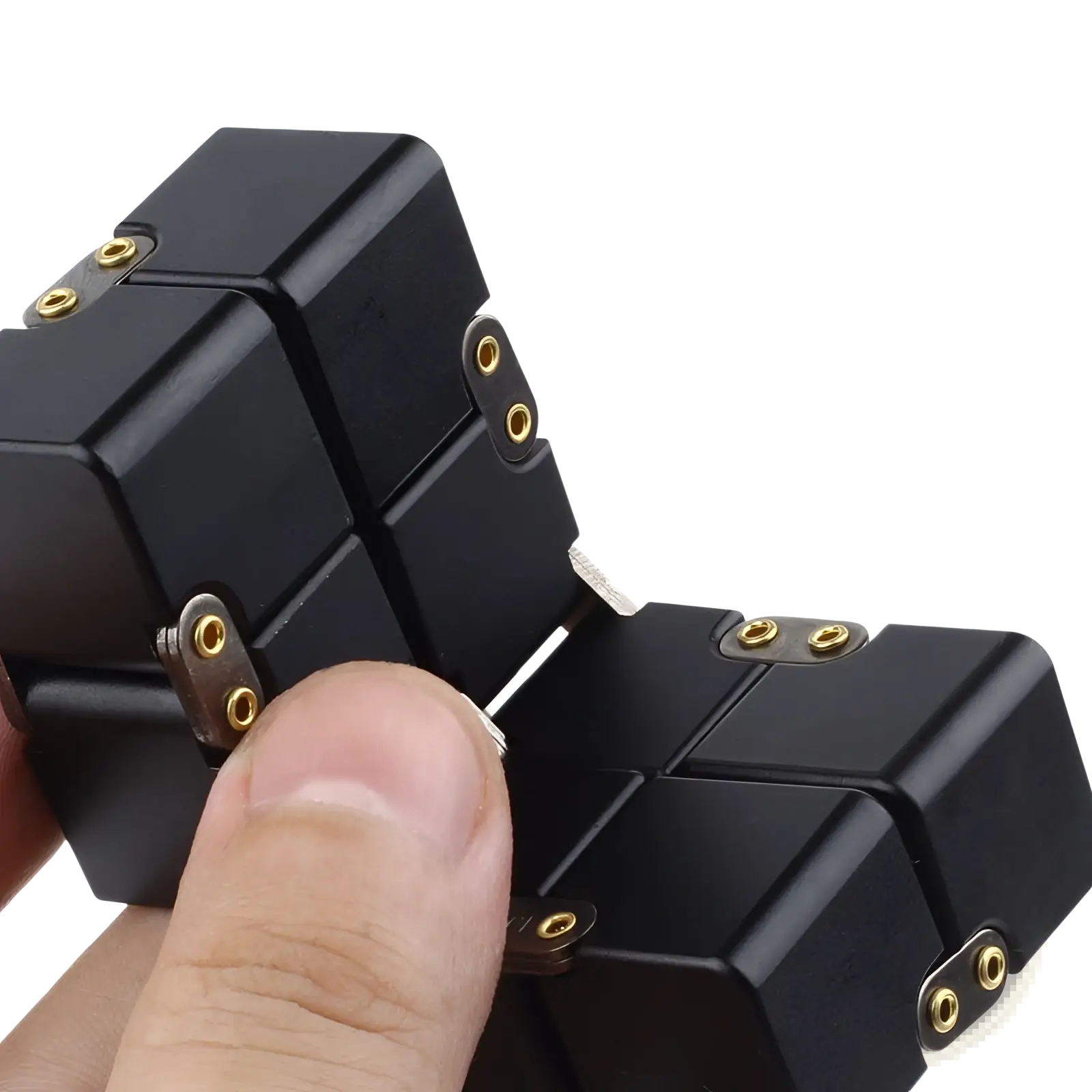Black infinity cube fidget toy with gold metal hinges made of zinc alloy for stress relief and focus enhancement