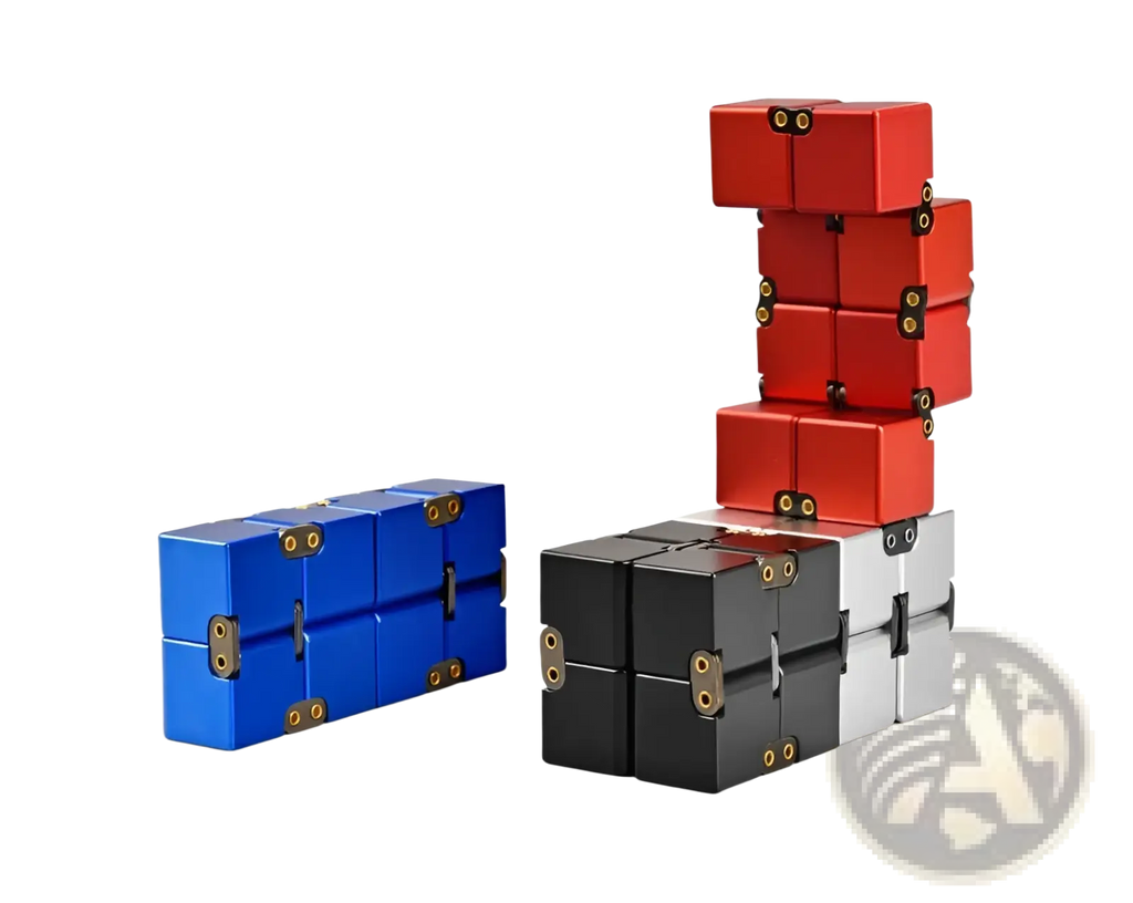 Infinity cube fidget toy zinc alloy stress relief square featuring red black and blue metallic cubes with gold hinges