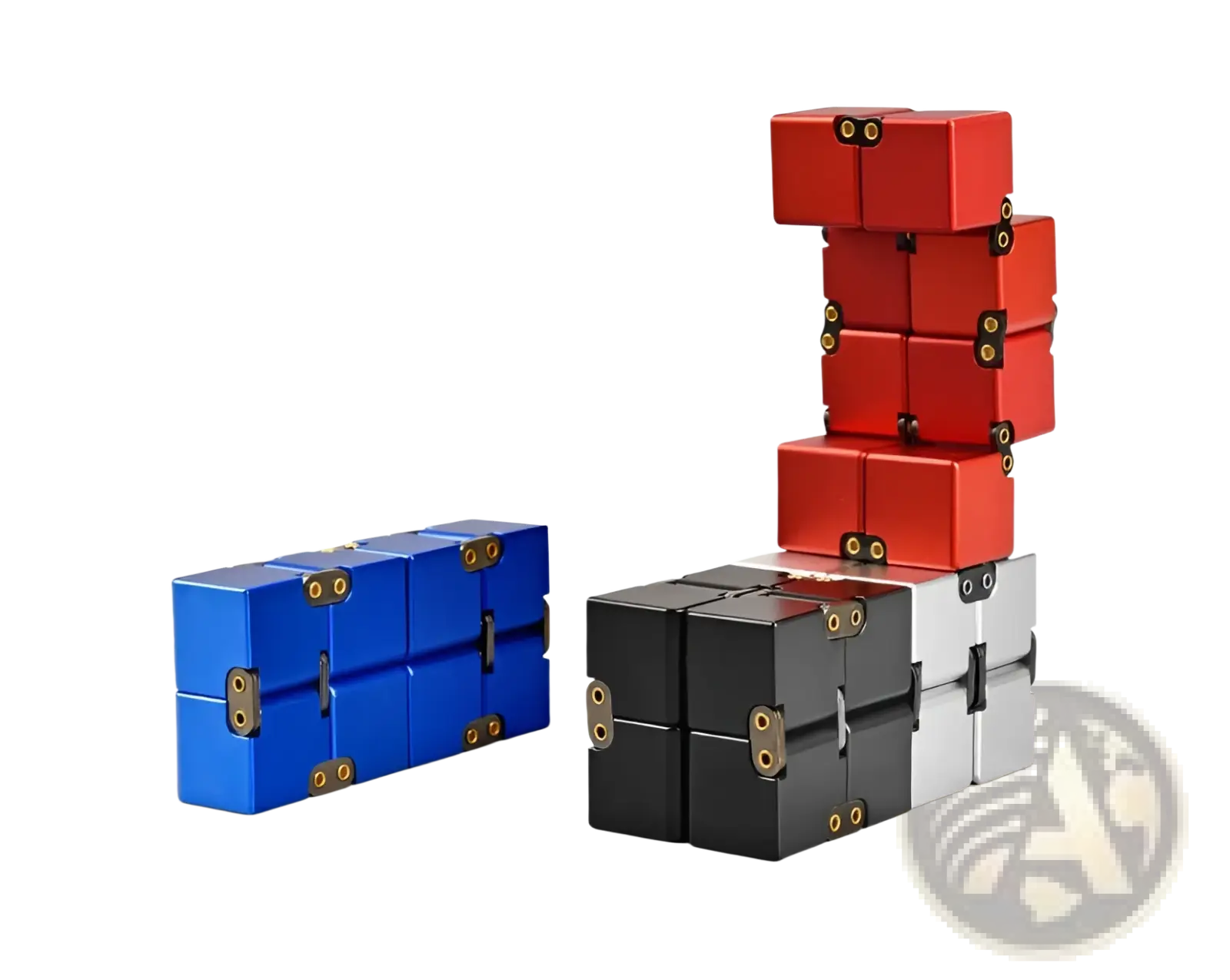 Infinity cube fidget toy zinc alloy stress relief square featuring red black and blue metallic cubes with gold hinges