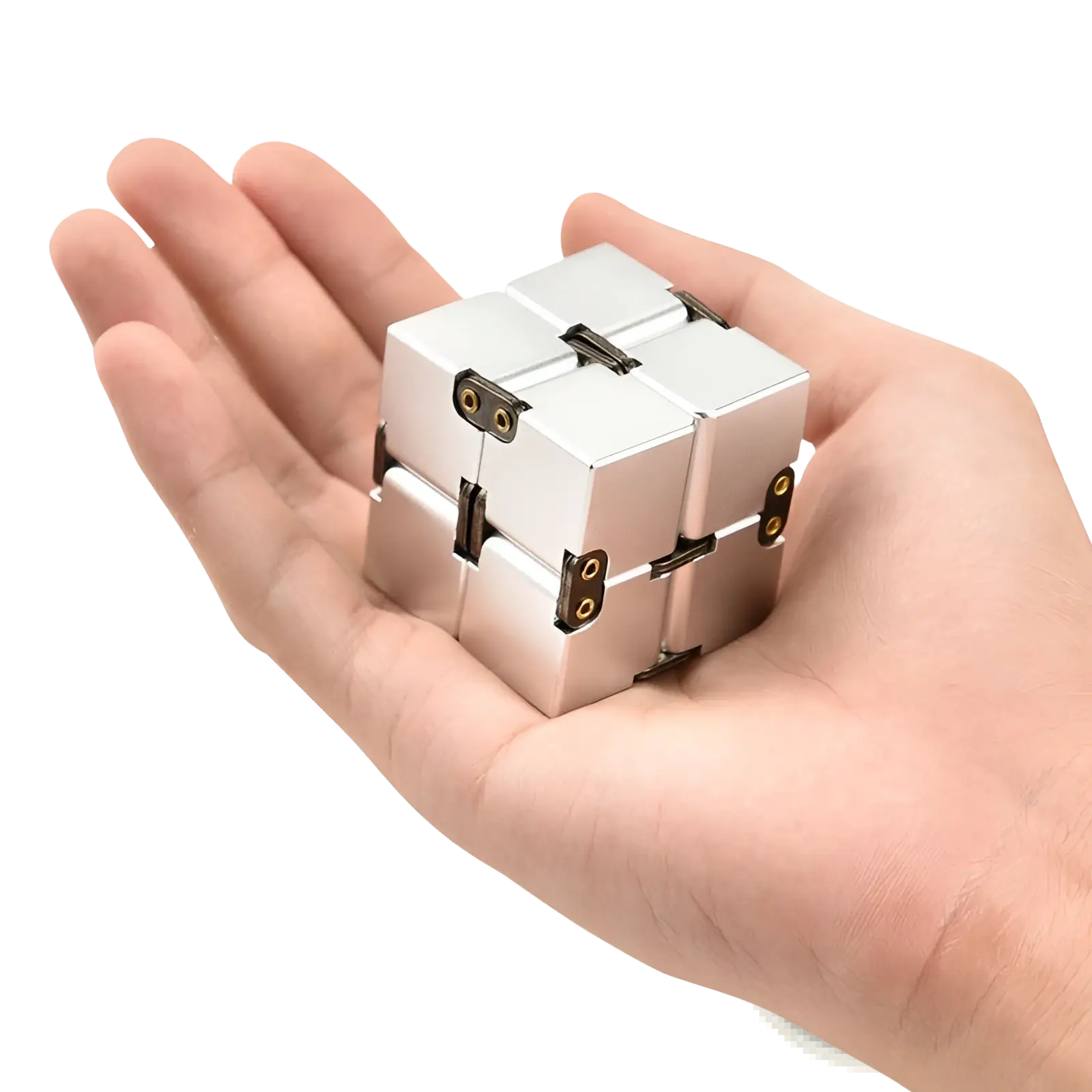 Silver metallic infinity cube fidget toy made of zinc alloy with black hinges and gold circular accents for stress relief