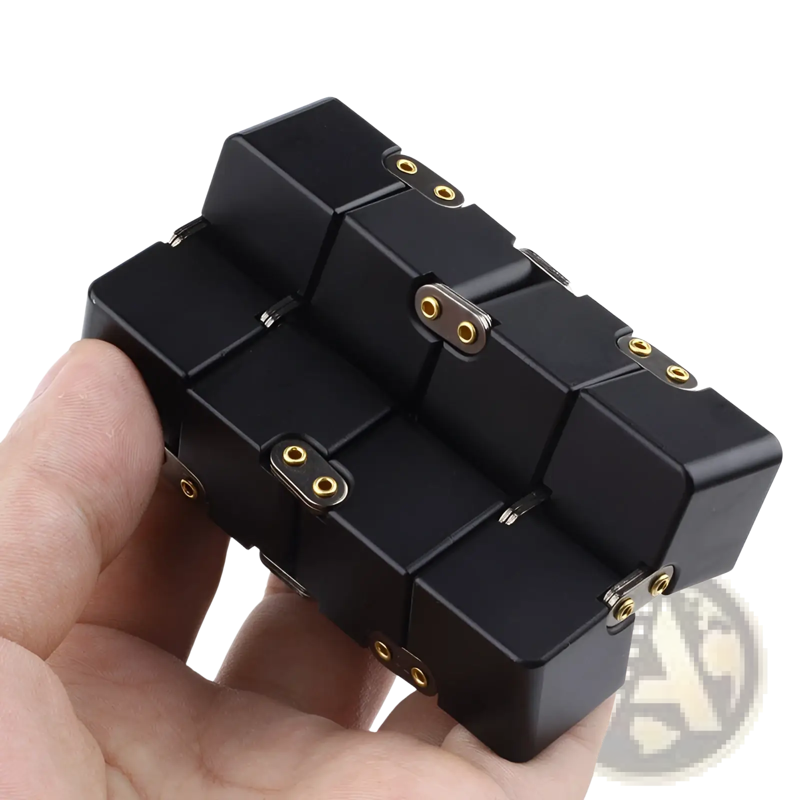 Black infinity cube fidget toy with gold-colored zinc alloy connectors for stress relief and tactile engagement