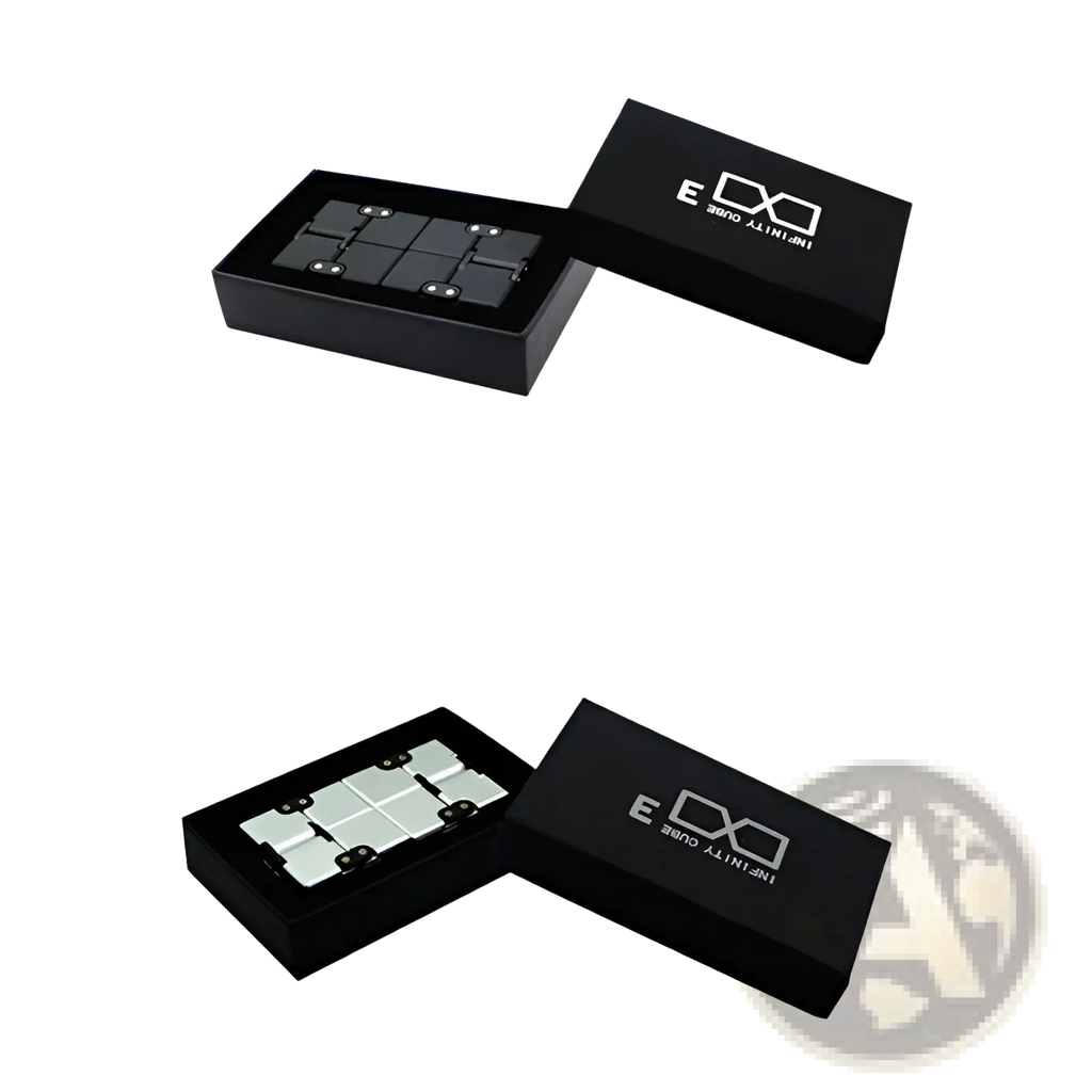 Black and silver infinity cube fidget toy made of zinc alloy in sleek black packaging for stress relief use