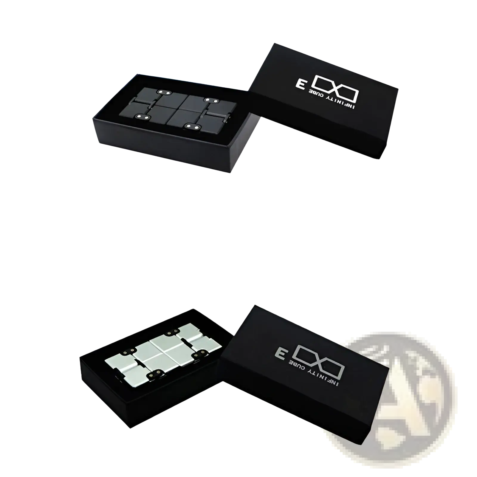 Black and silver infinity cube fidget toy made of zinc alloy in sleek black packaging for stress relief use
