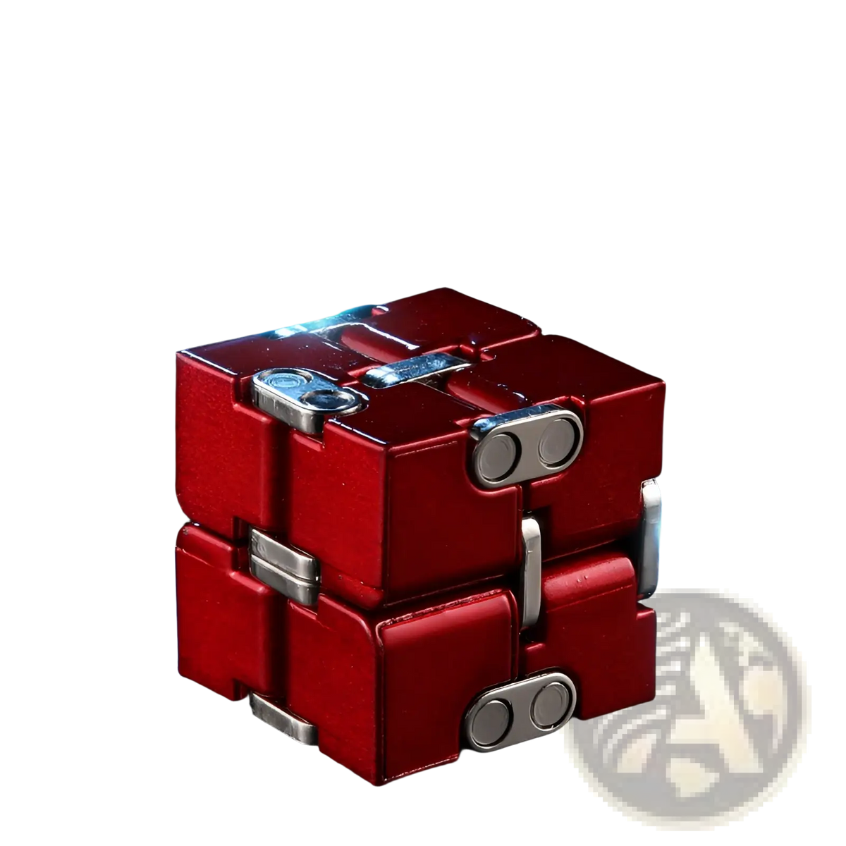 Red metallic infinity cube fidget toy with silver hinges and glowing blue lights made of zinc alloy for stress relief