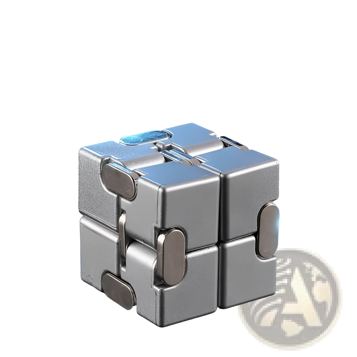 Silver metallic infinity cube fidget toy zinc alloy with brushed texture and glowing blue light stress relief square