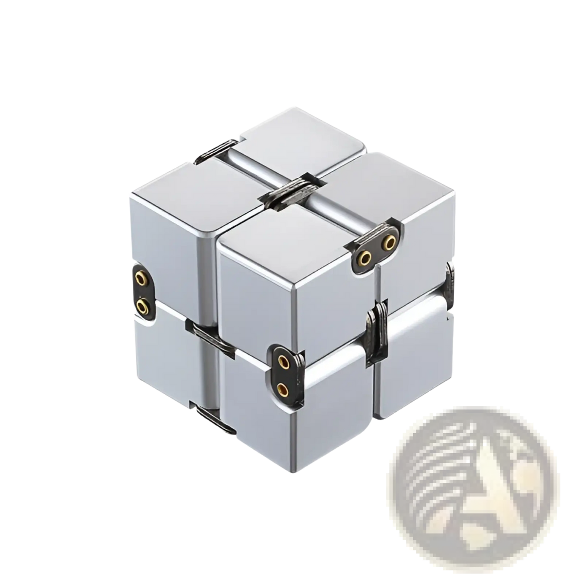 Silver metallic infinity cube fidget toy made of zinc alloy with black hinges and gold circular accents for stress relief