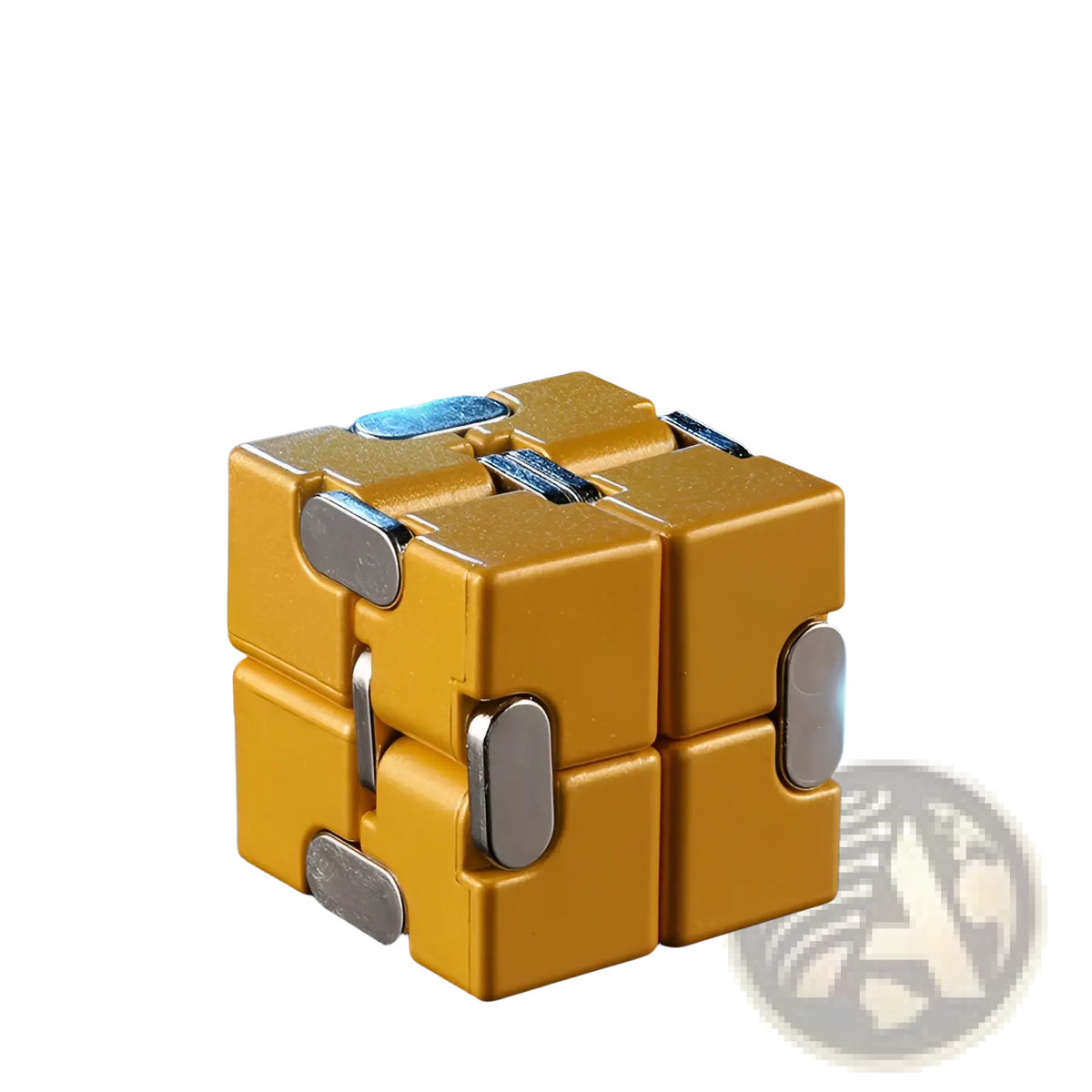 Golden metallic infinity cube fidget toy with silver magnetic connectors and glowing blue light zinc alloy stress relief square