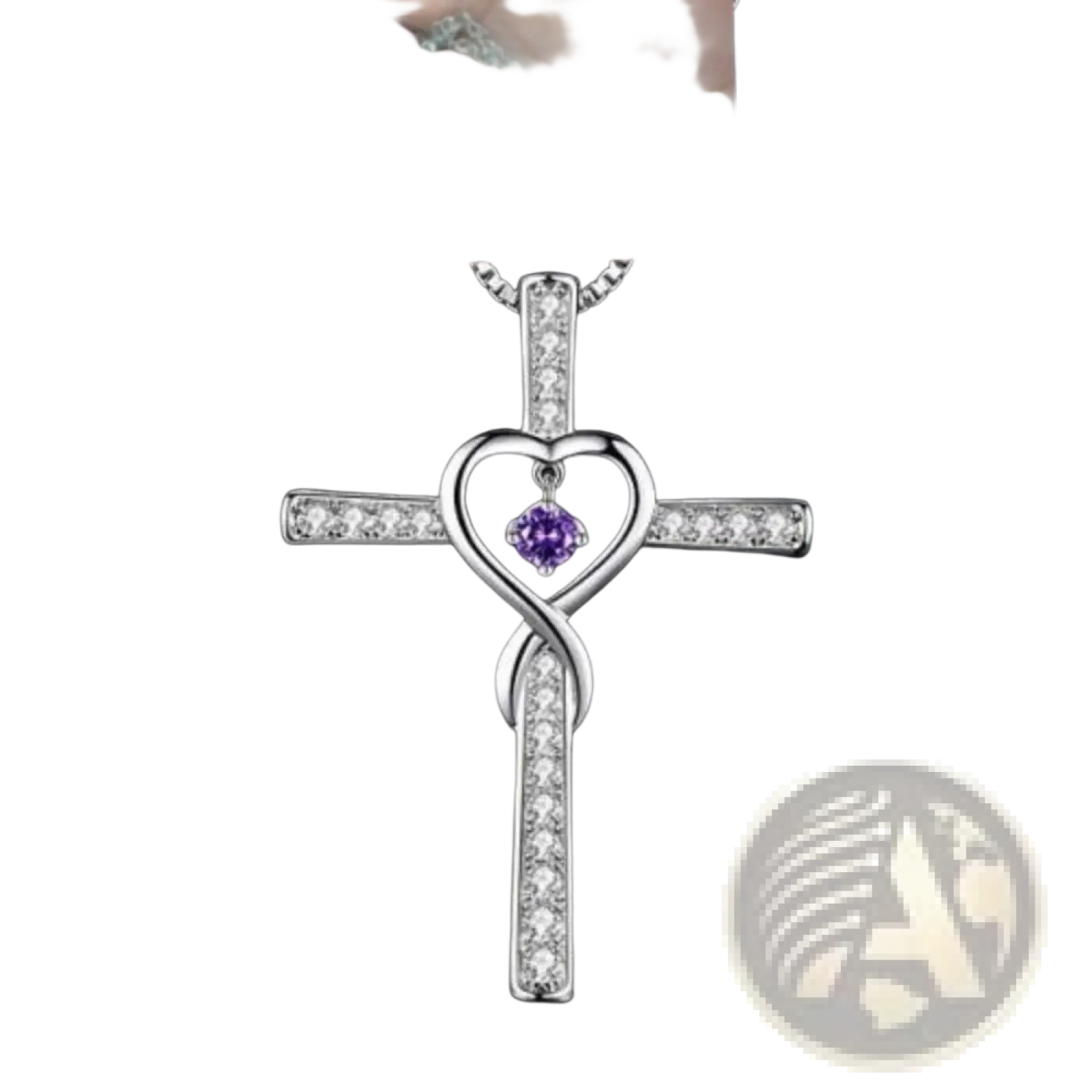 Silver cross pendant necklace with heart-shaped center purple gemstone and clear crystals in infinity love design