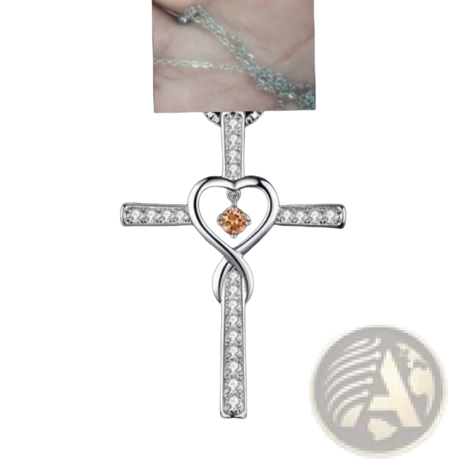 Silver cross pendant with heart-shaped orange birthstone center and clear crystals for infinity love heart necklace
