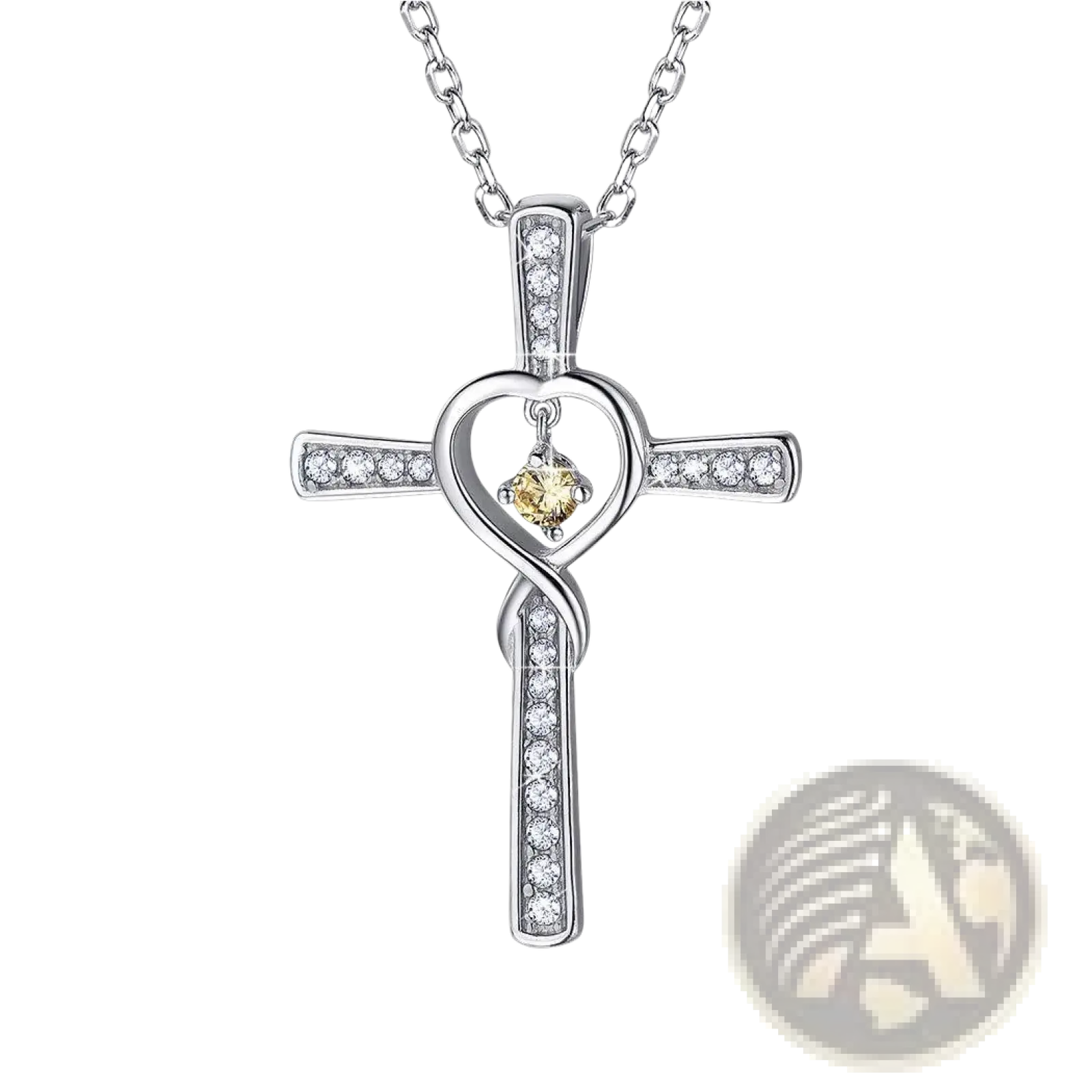 Silver cross pendant necklace with heart-shaped yellow gemstone center surrounded by clear crystals infinity love birthstone