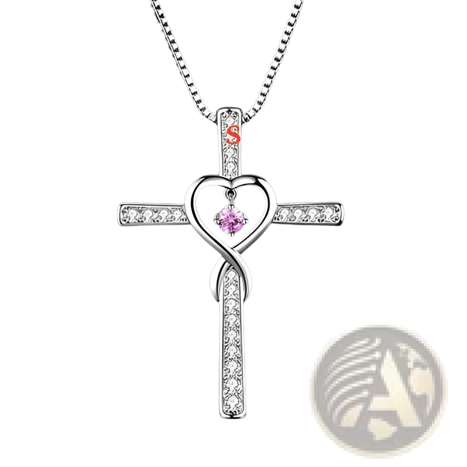 Silver cross pendant necklace with heart-shaped pink gemstone center and clear crystals in infinity love heart design