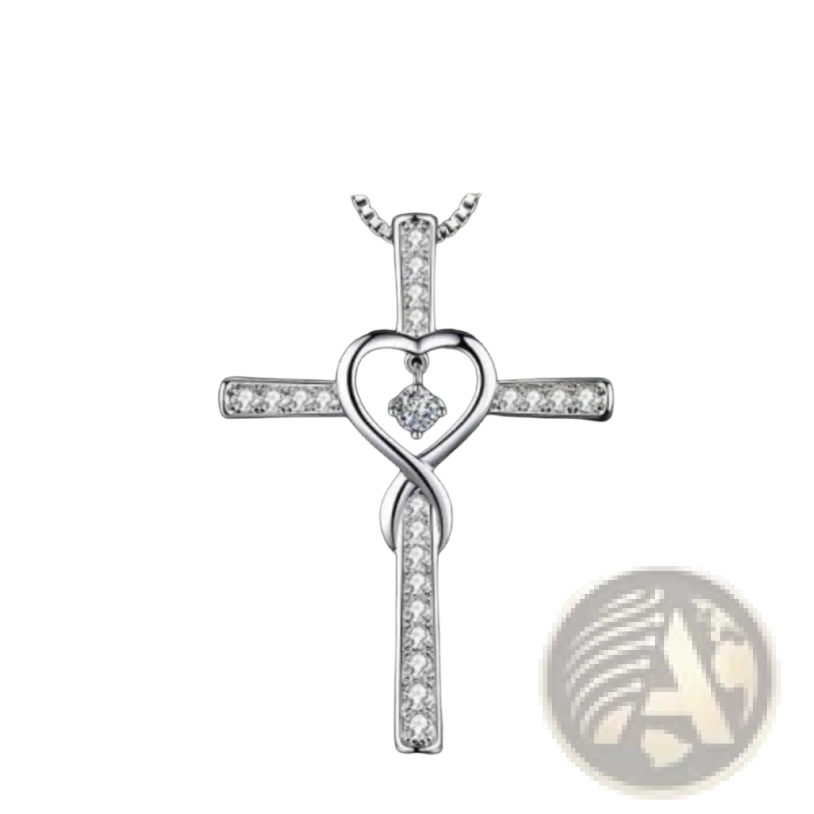 Silver cross pendant with heart-shaped center and clear crystals featuring an elegant infinity knot design