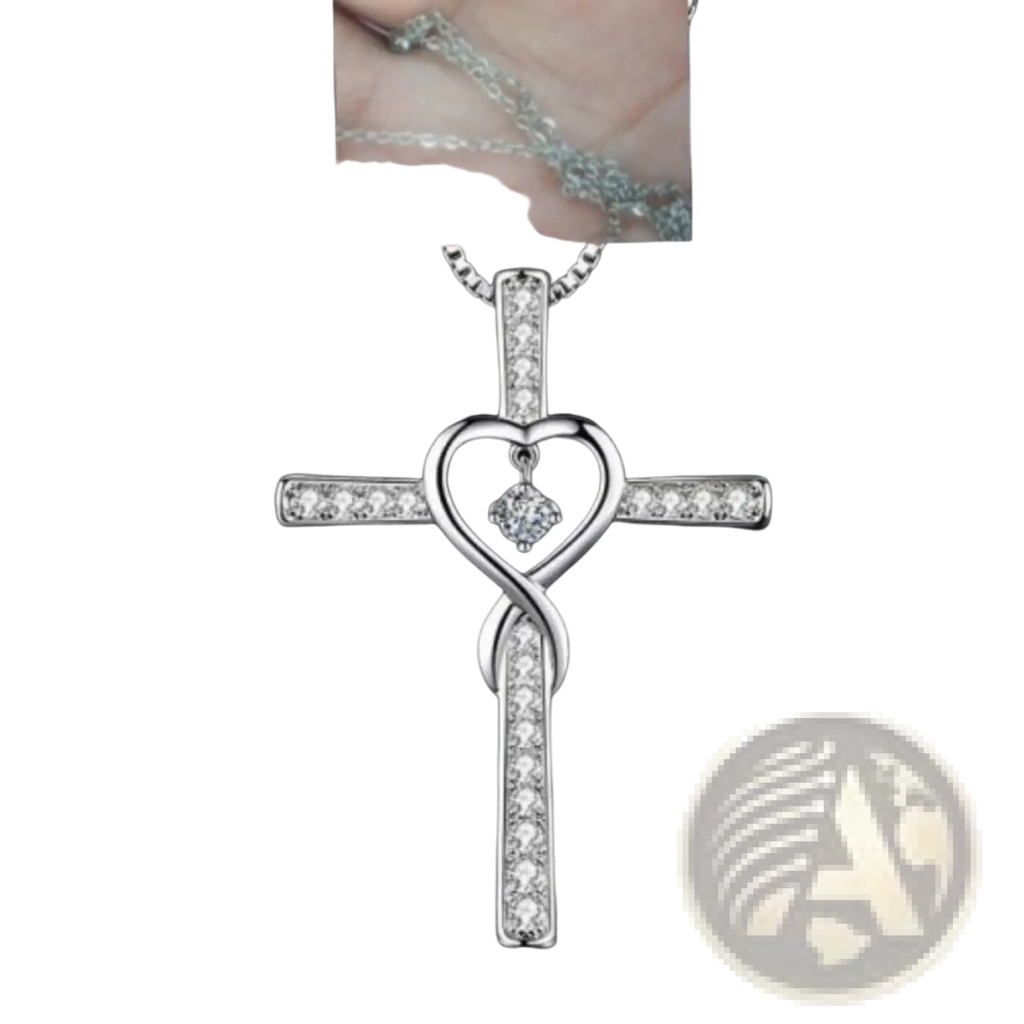 A silver infinity love heart cross pendant necklace with clear stones and a central diamond-like birthstone crystal