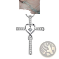 A silver infinity love heart cross pendant necklace with clear stones and a central diamond-like birthstone crystal