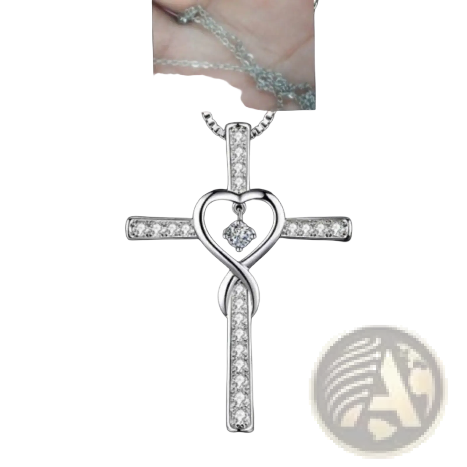 A silver infinity love heart cross pendant necklace with clear stones and a central diamond-like birthstone crystal