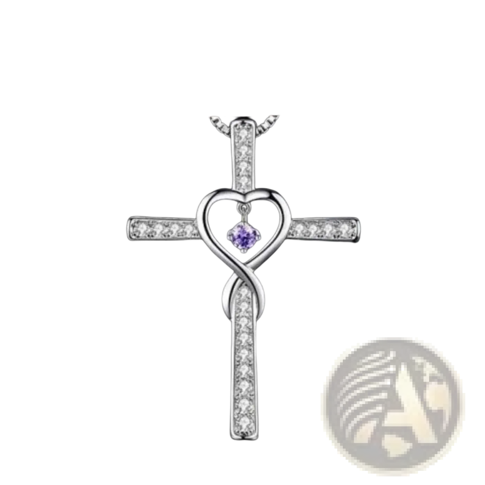 Silver cross pendant with heart-shaped center purple gemstone and clear crystals in an infinity love heart cross necklace