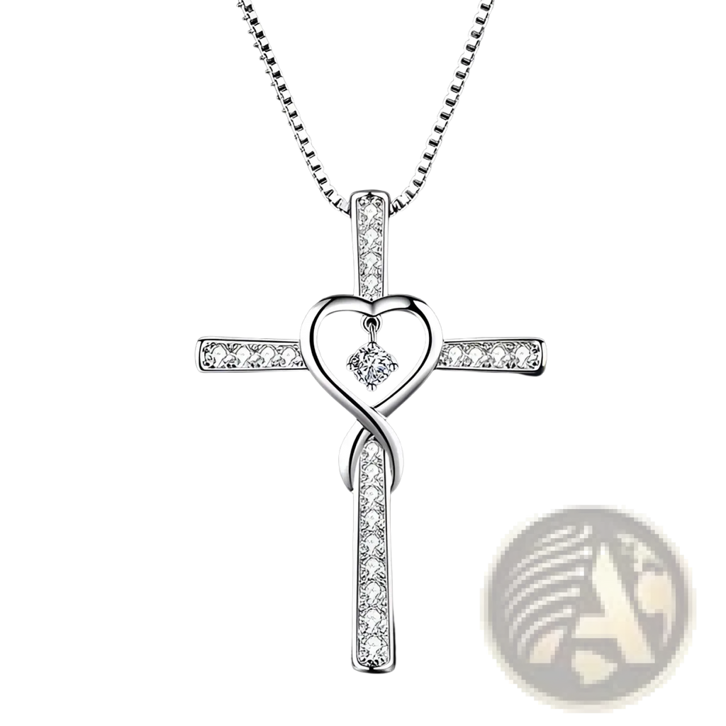 Silver cross pendant necklace with a heart-shaped center and clear crystals in the infinity love heart birthstone design
