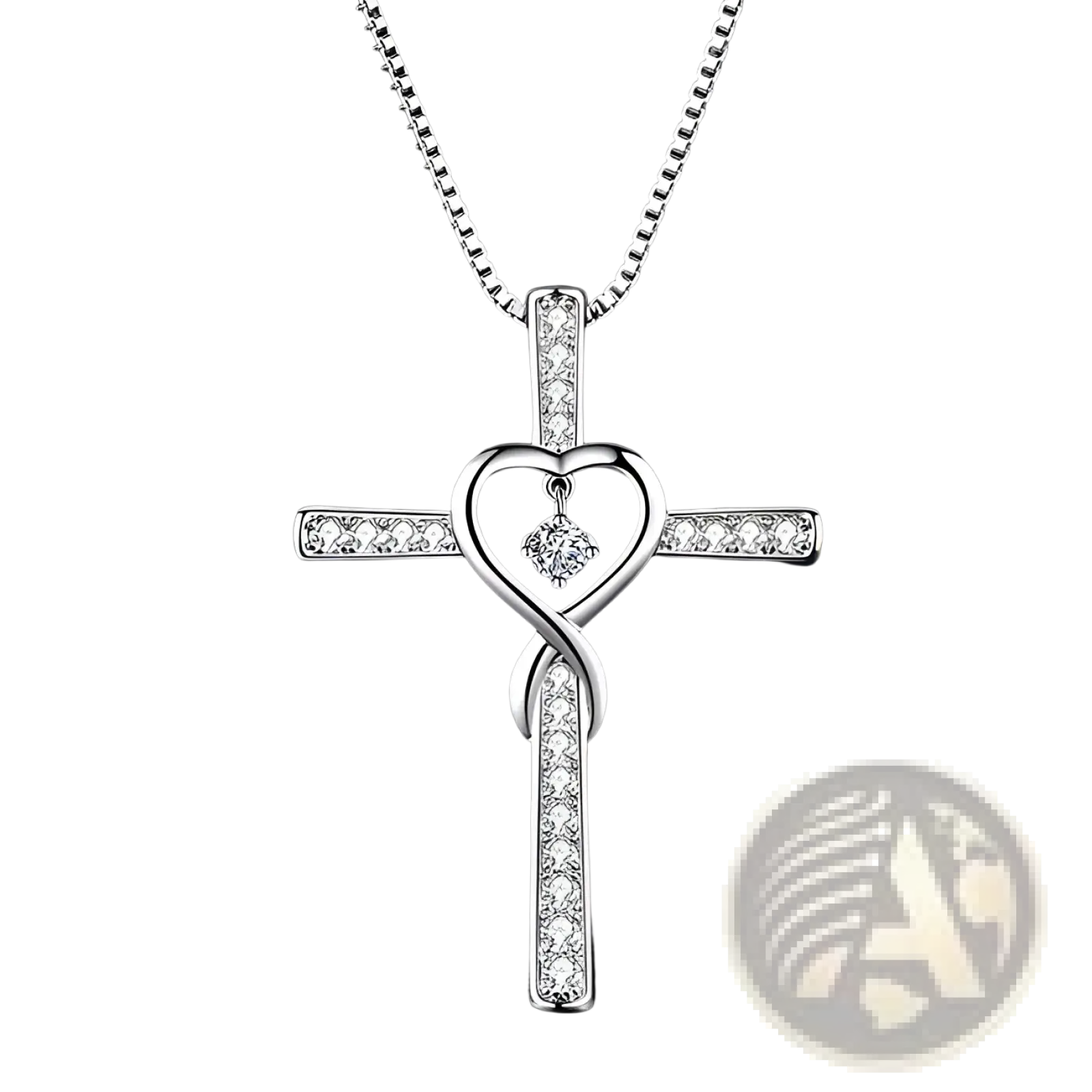 Silver cross pendant necklace with a heart-shaped center and clear crystals in the infinity love heart birthstone design