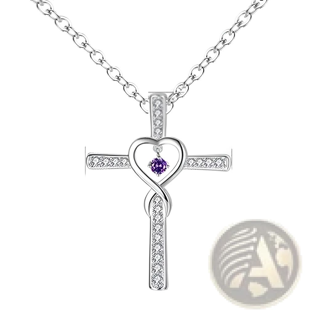 Silver cross necklace pendant with heart-shaped center holding purple gemstone and clear crystals along its arms