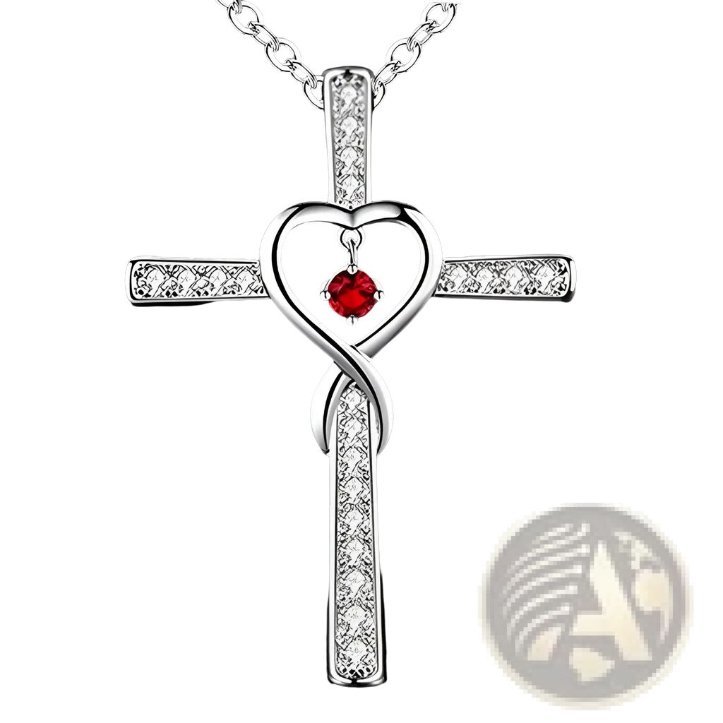 Silver infinity love heart cross birthstone crystal necklace with red gemstone and clear crystals on pendant arms