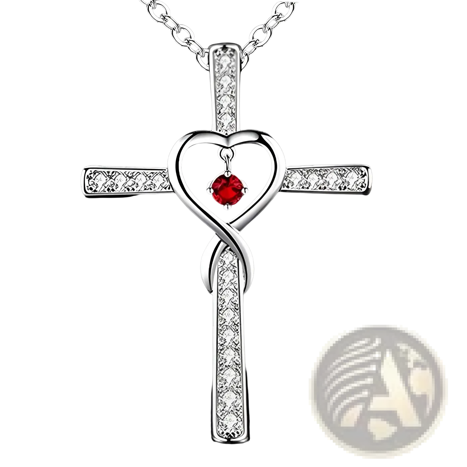 Silver infinity love heart cross birthstone crystal necklace with red gemstone and clear crystals on pendant arms