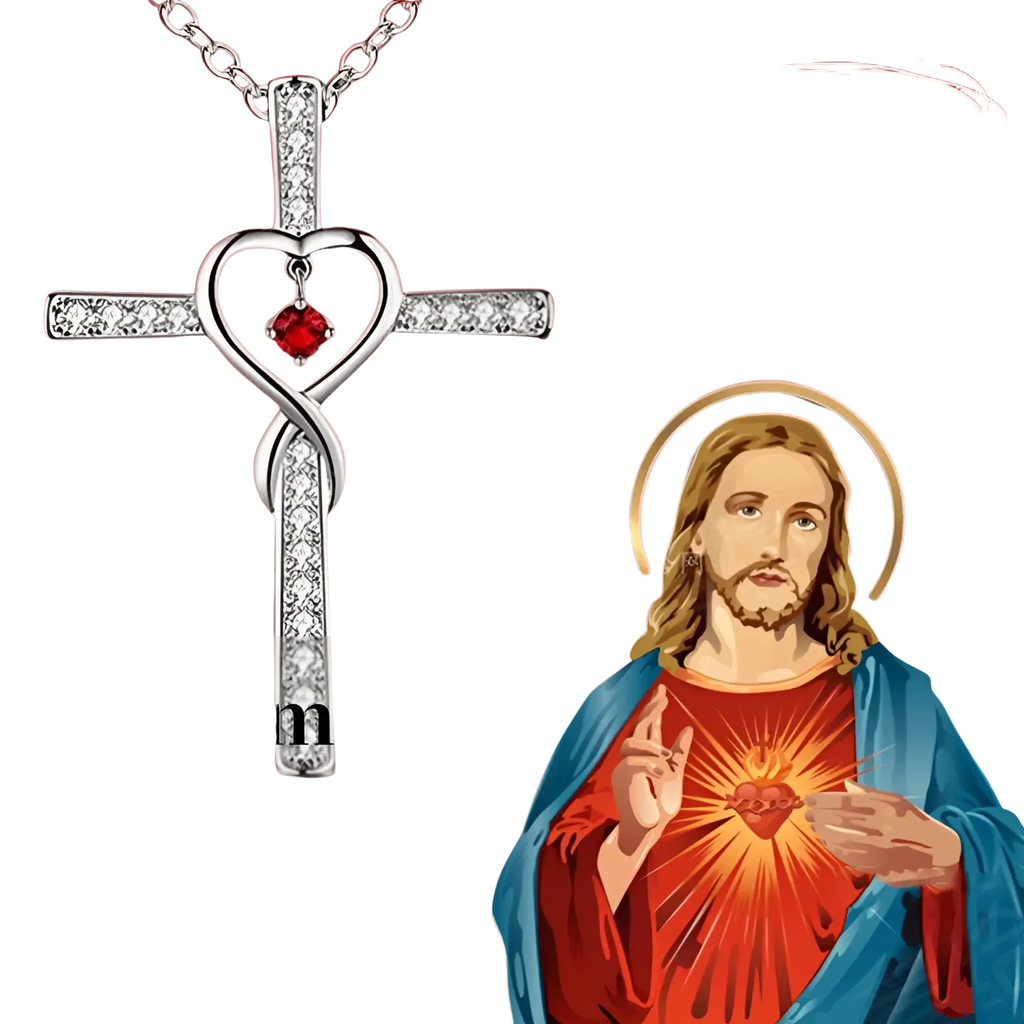 Silver infinity love heart cross necklace with red birthstone center and clear crystal accents on its arms