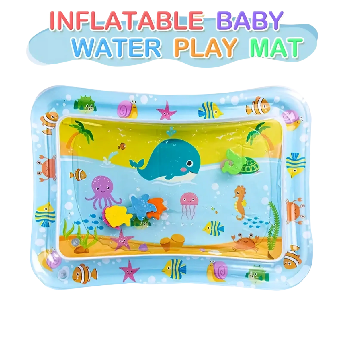 Inflatable baby water play mat tummy time toy with colorful underwater cartoon sea creatures on translucent blue surface
