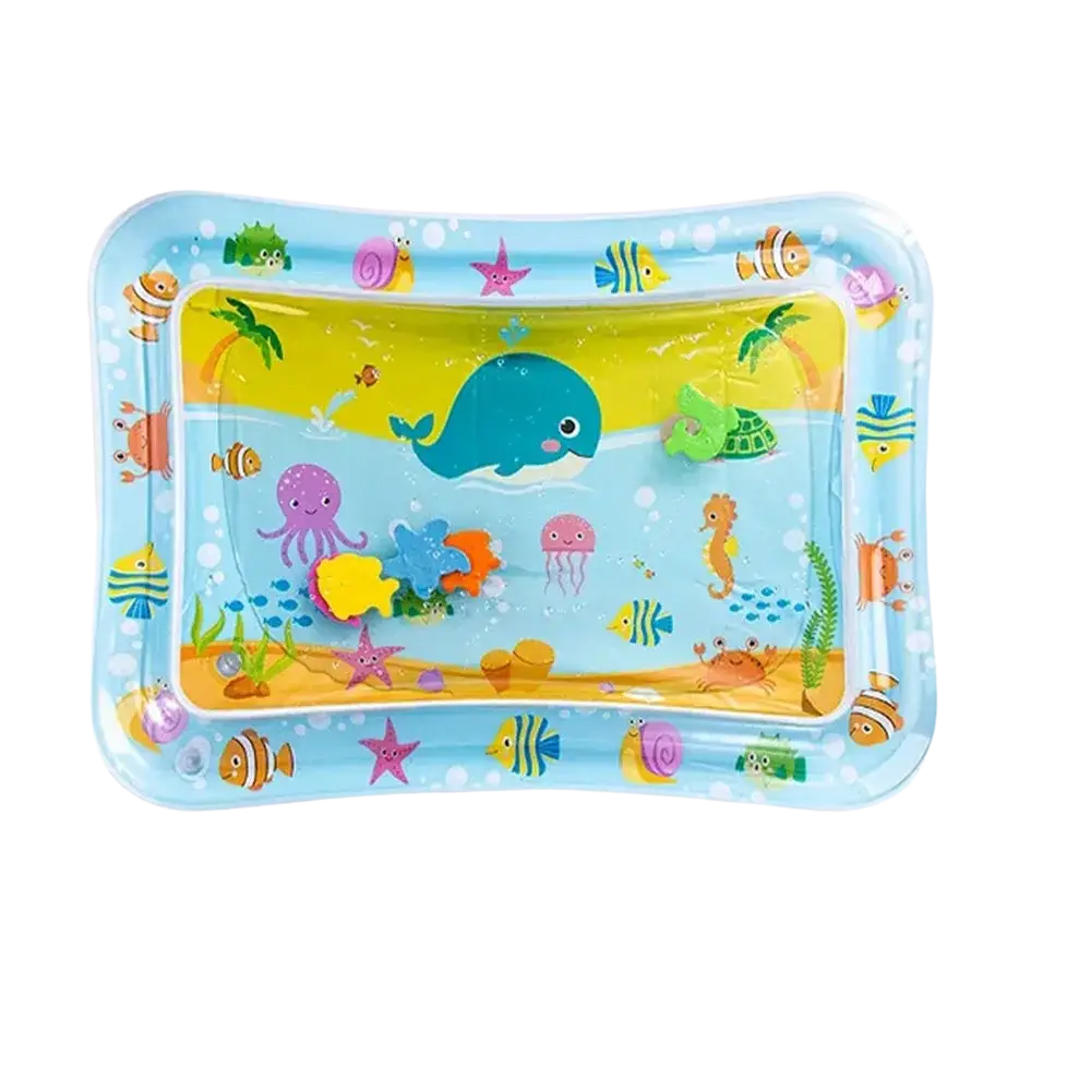 Blue inflatable baby water play mat with colorful ocean creatures on transparent surface for tummy time use
