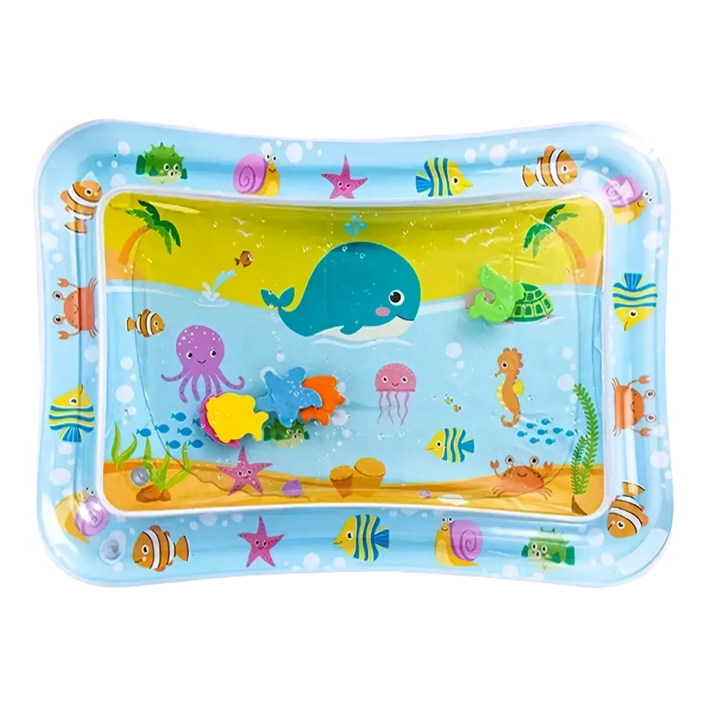 Blue inflatable baby water play mat made of soft material featuring colorful cartoon sea creatures for tummy time