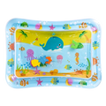 Blue inflatable baby water play mat made of soft material featuring colorful cartoon sea creatures for tummy time