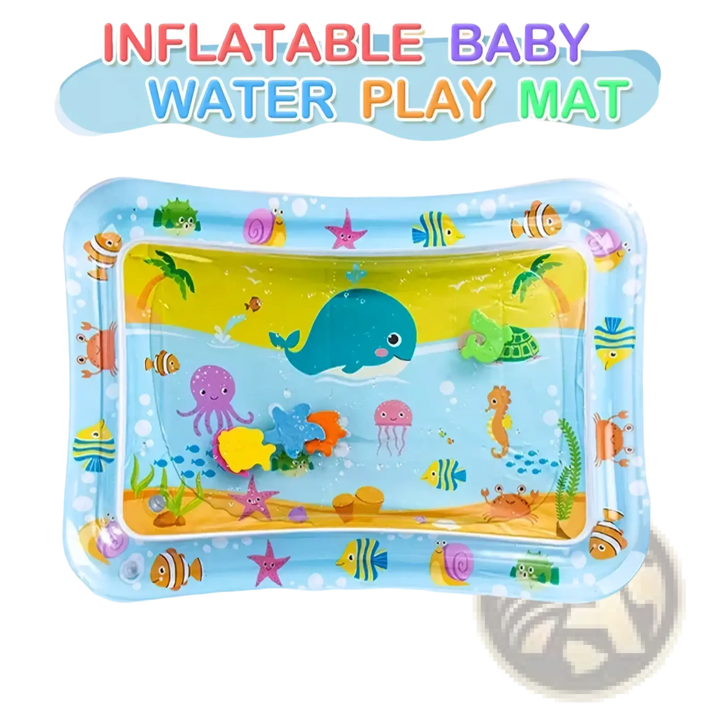 Inflatable baby water play mat tummy time toy with colorful underwater cartoon sea creatures on translucent blue surface