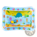 Blue inflatable baby water play mat made of soft material featuring colorful cartoon sea creatures for tummy time