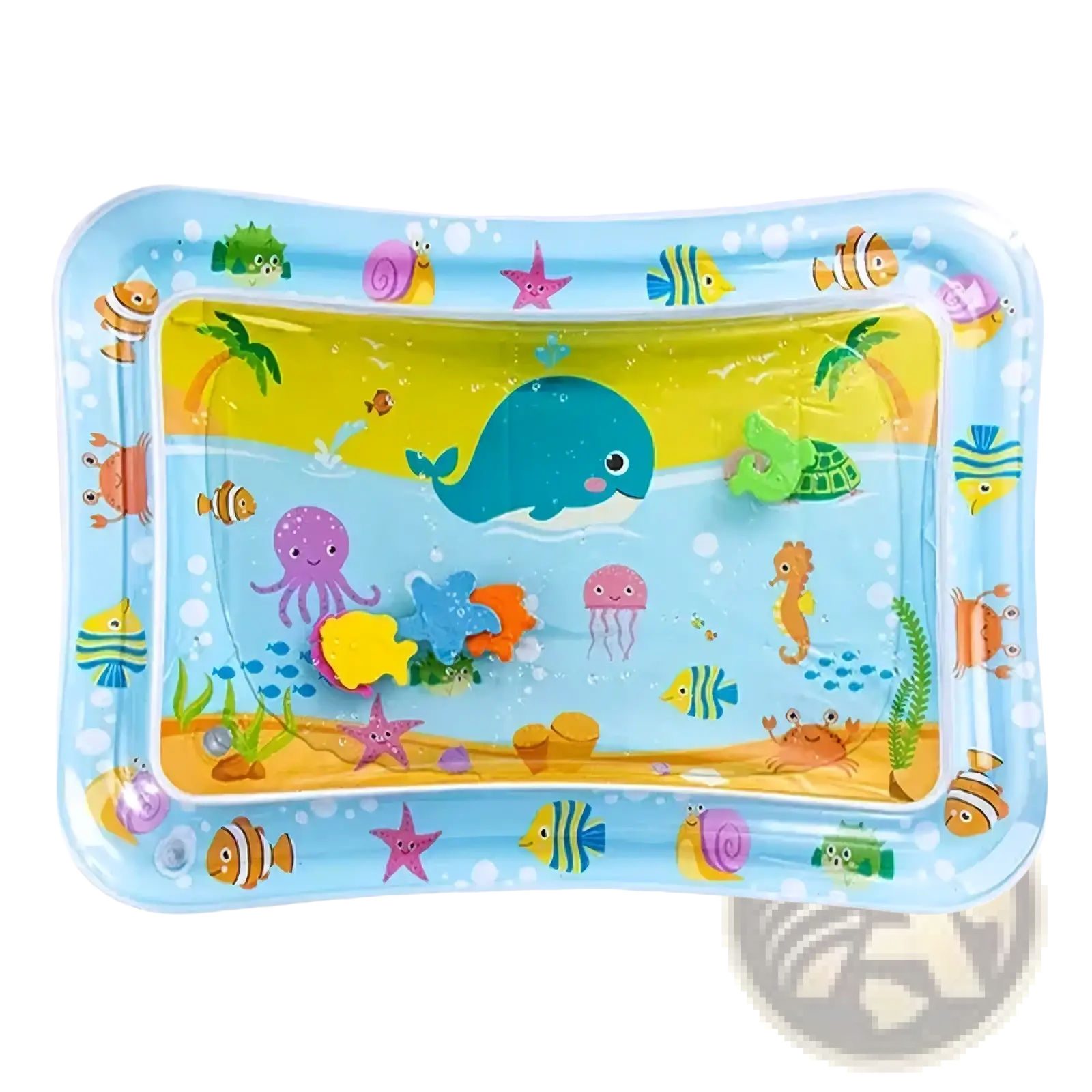 Blue inflatable baby water play mat made of soft material featuring colorful cartoon sea creatures for tummy time