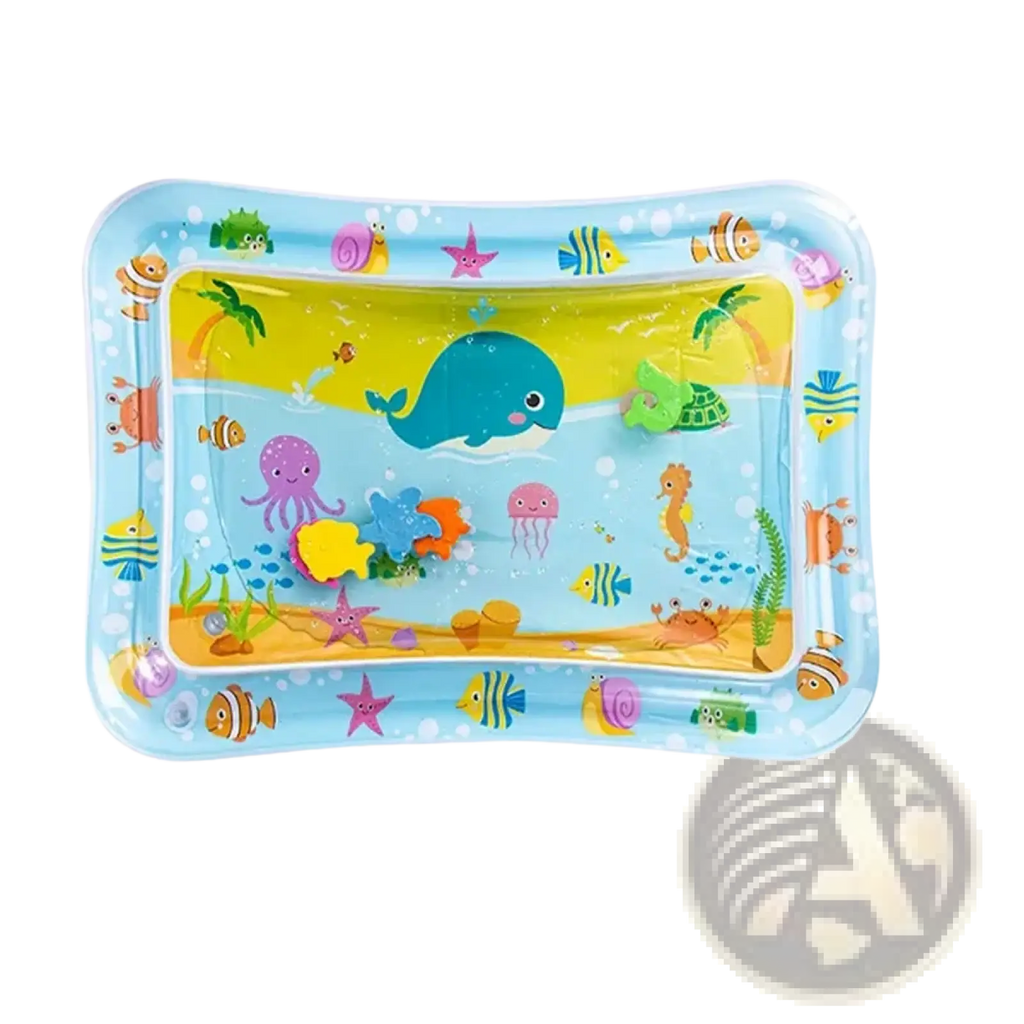 Blue inflatable baby water play mat with colorful ocean creatures on transparent surface for tummy time use