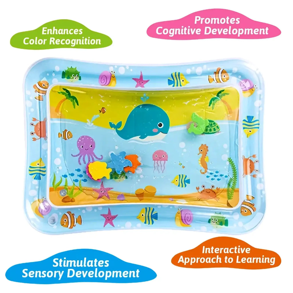 Blue inflatable baby water play mat featuring colorful cartoon sea creatures for tummy time use