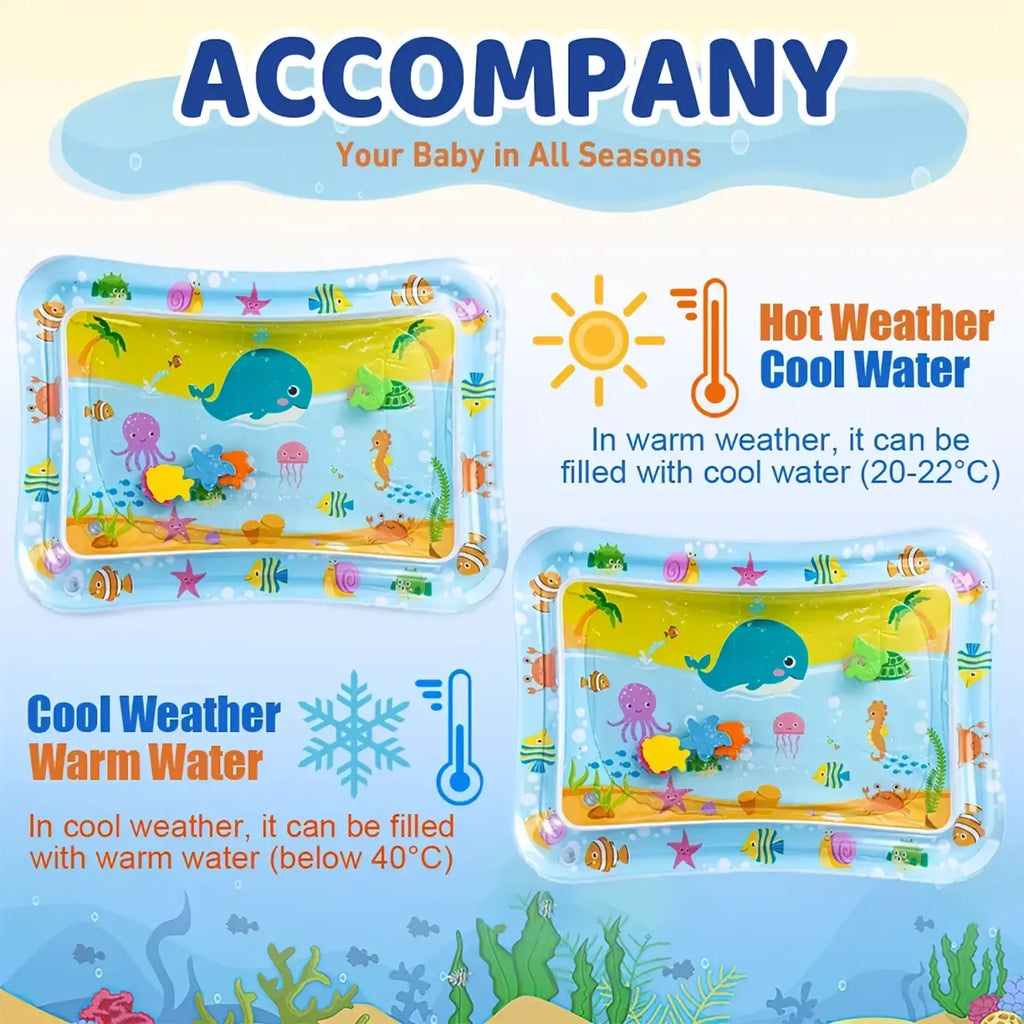 Blue and yellow inflatable baby water play mat with ocean-themed illustrations for tummy time play