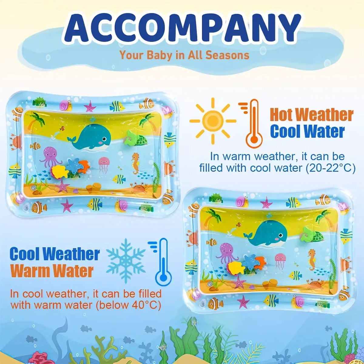 Blue and yellow inflatable baby water play mat with ocean-themed illustrations for tummy time play
