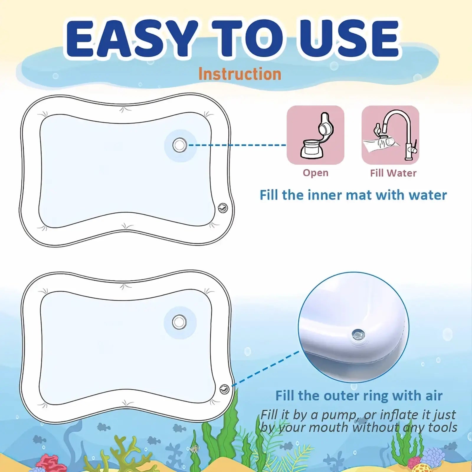 White inflatable baby water play mat with built-in pump and water-filling instructions for easy tummy time setup