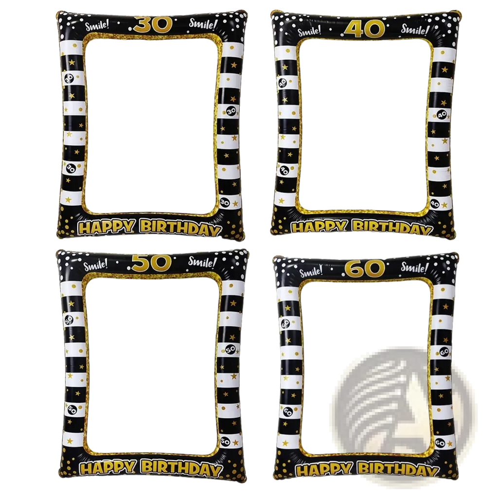 Black and gold inflatable birthday photo frame and number balloon set with stripes stars and smile text for milestone birthdays