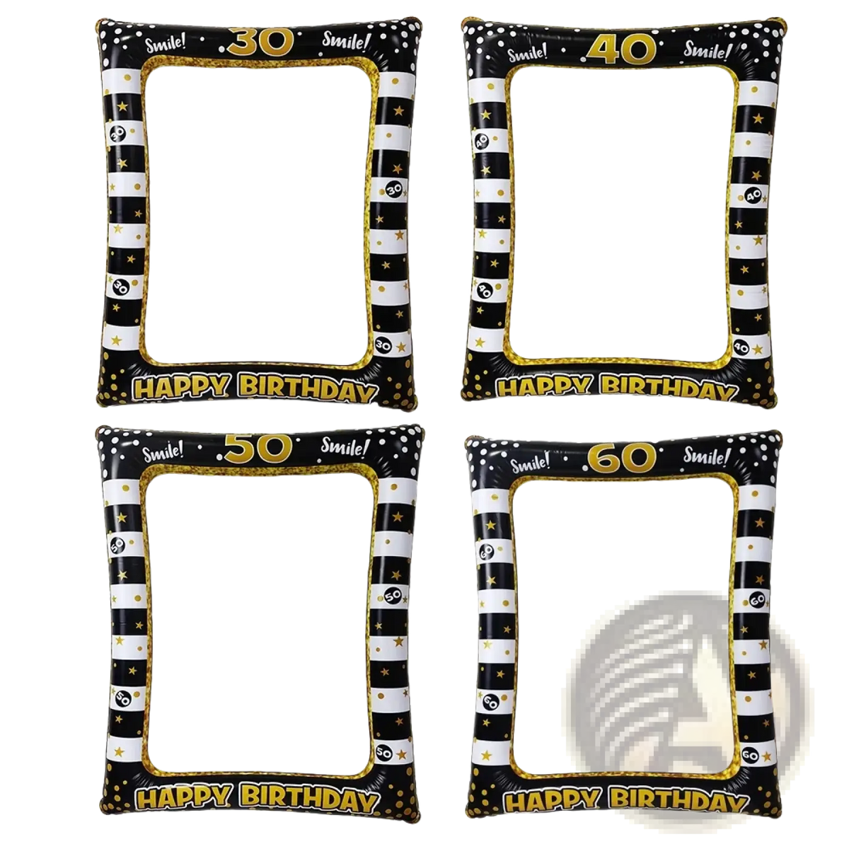 Black and gold inflatable birthday photo frame and number balloon set with stripes stars and smile text for milestone birthdays