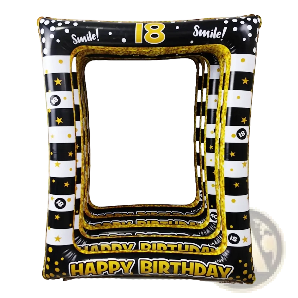 Black and gold inflatable birthday photo frame with striped pattern stars and happy birthday text for party decor