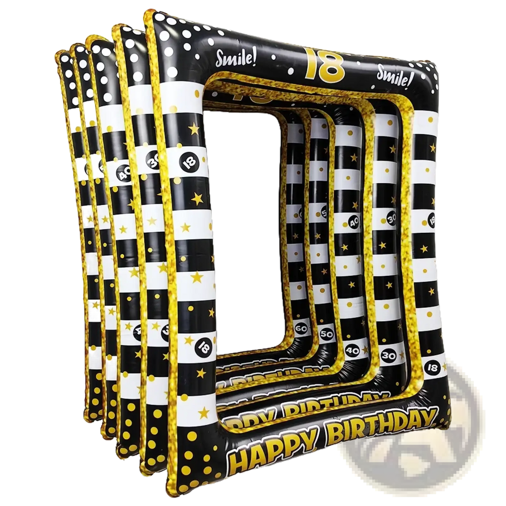 Inflatable birthday photo frame in black and gold with striped pattern stars polka dots and happy birthday text