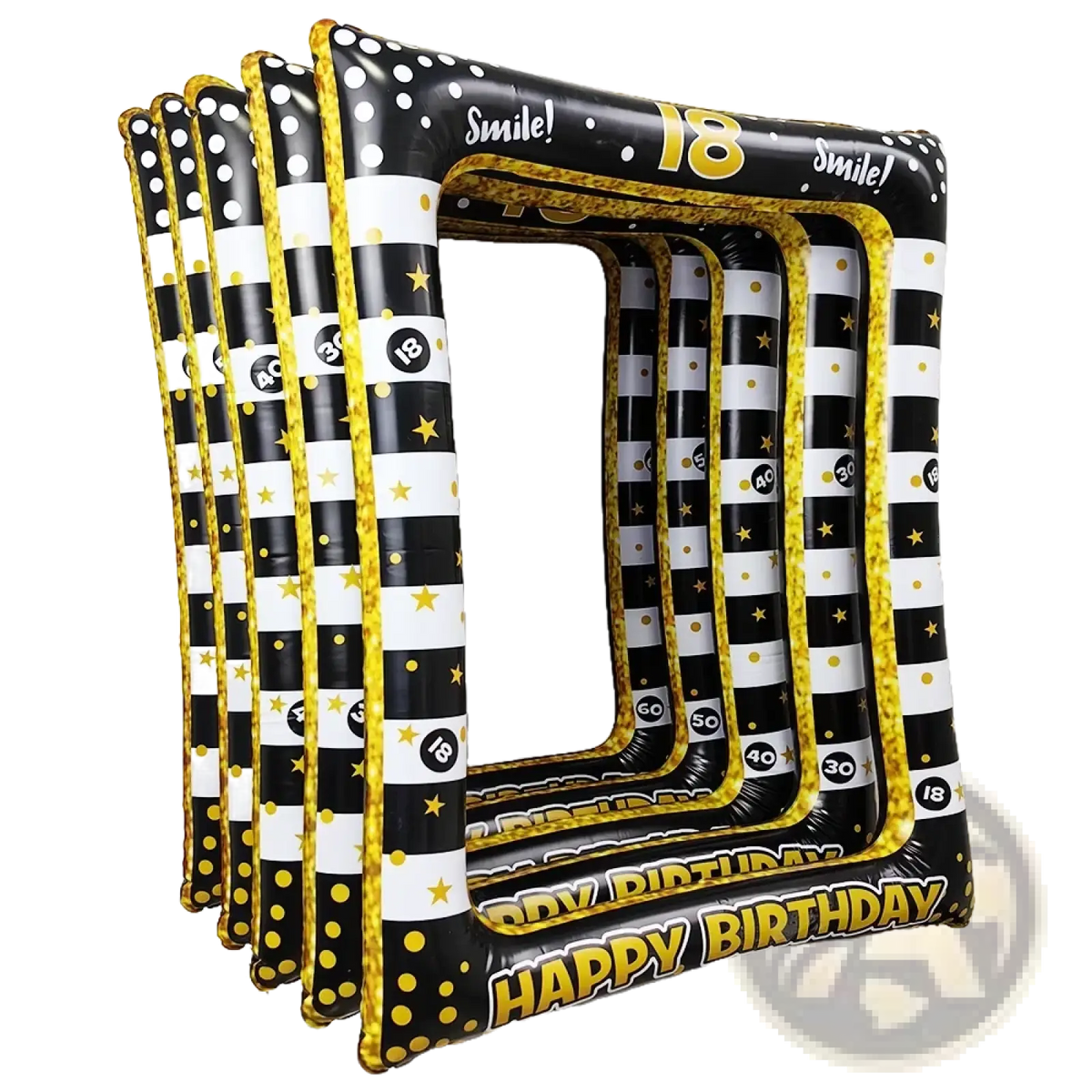 Inflatable birthday photo frame in black and gold with striped pattern stars polka dots and happy birthday text
