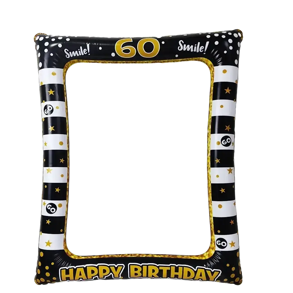 Black and gold inflatable birthday photo frame with 60 and happy birthday printed for birthday photo celebrations