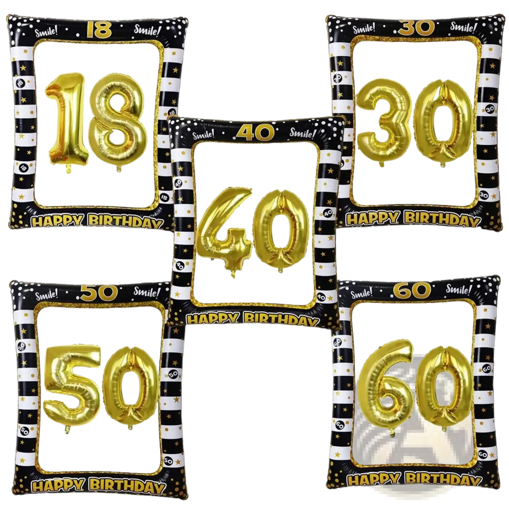 Set of five black and gold inflatable birthday photo frame and number balloon arches with large golden numbers and smile happy text