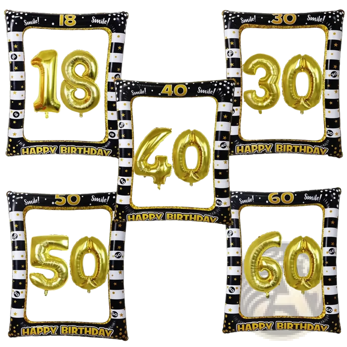 Set of five black and gold inflatable birthday photo frame and number balloon arches with large golden numbers and smile happy text