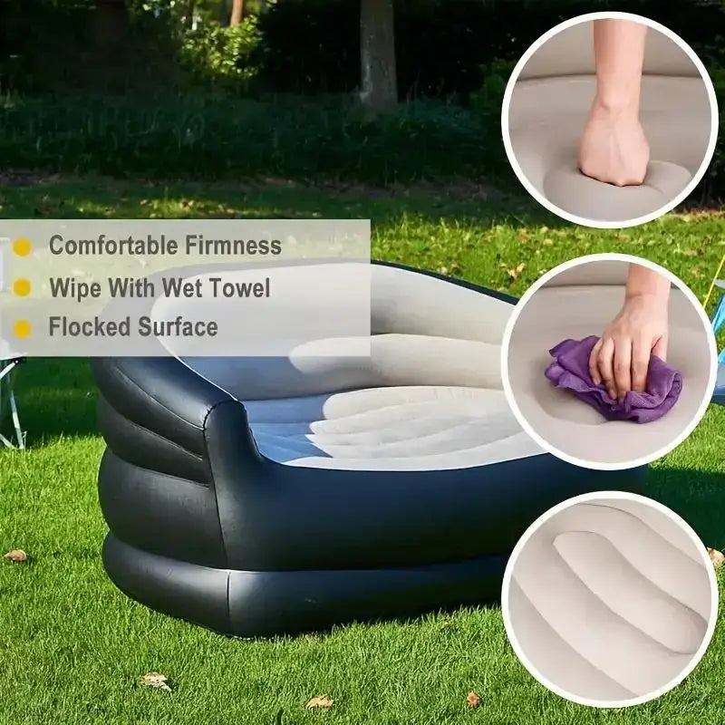 Inflatable camping sofa black cream outdoor recliner with black exterior light gray flocked interior for comfort