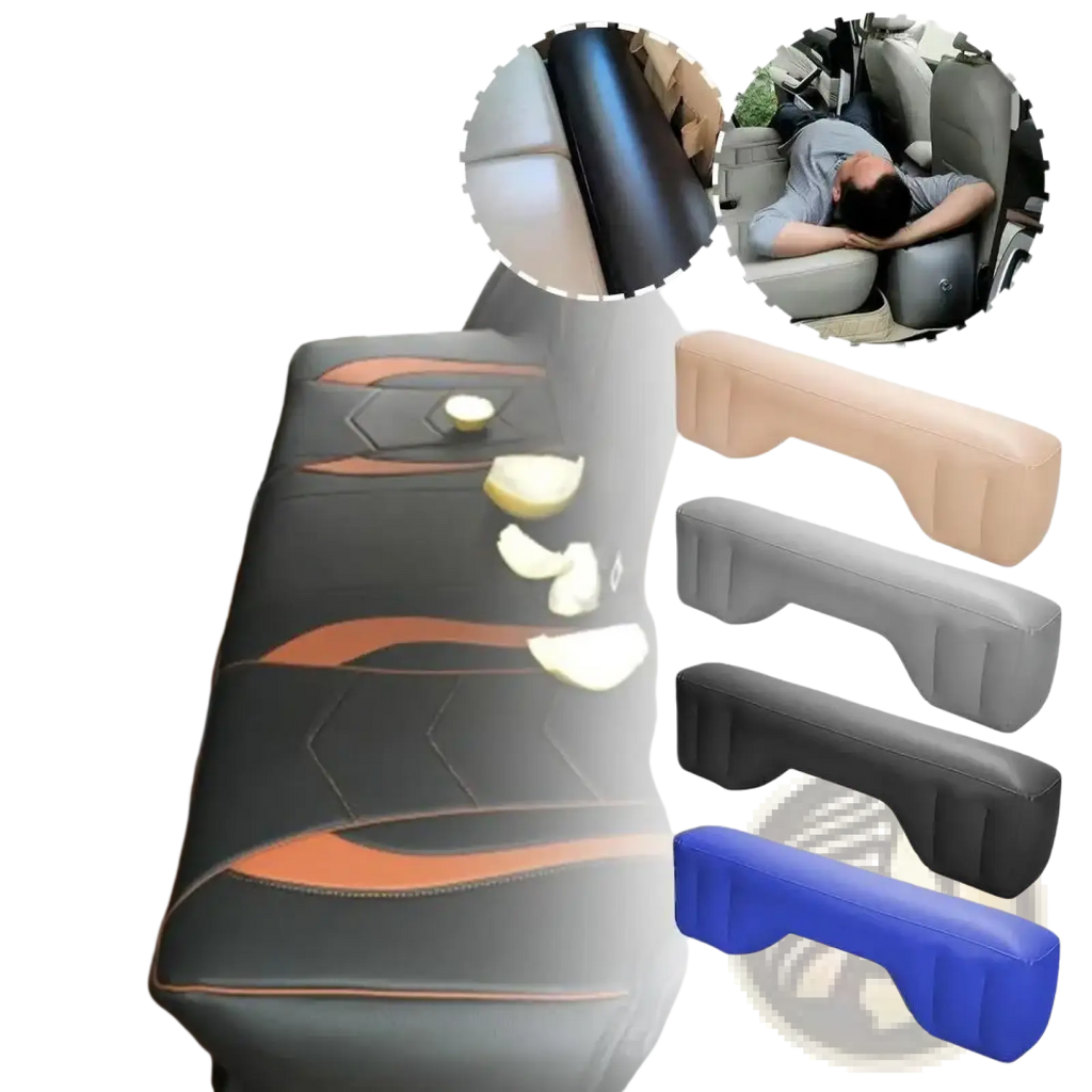 Inflatable car air mattress back seat travel bed with black and orange patterned car seat cover and padded headrest support