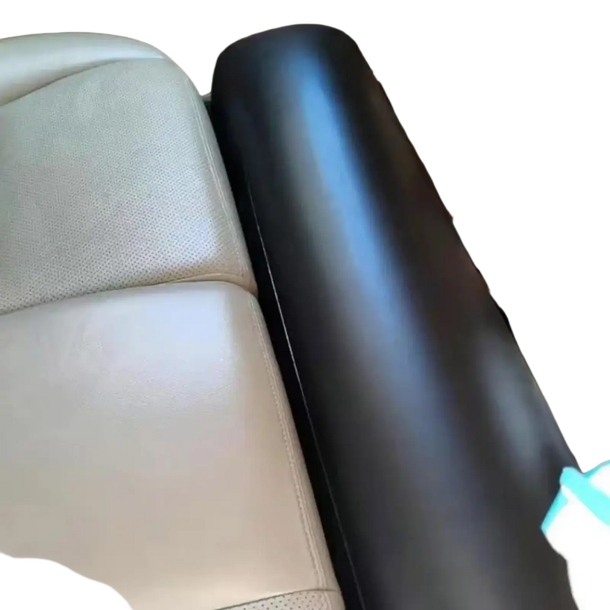 Black sleek leather armrest cover for inflatable car air mattress back seat travel bed shown from the back side